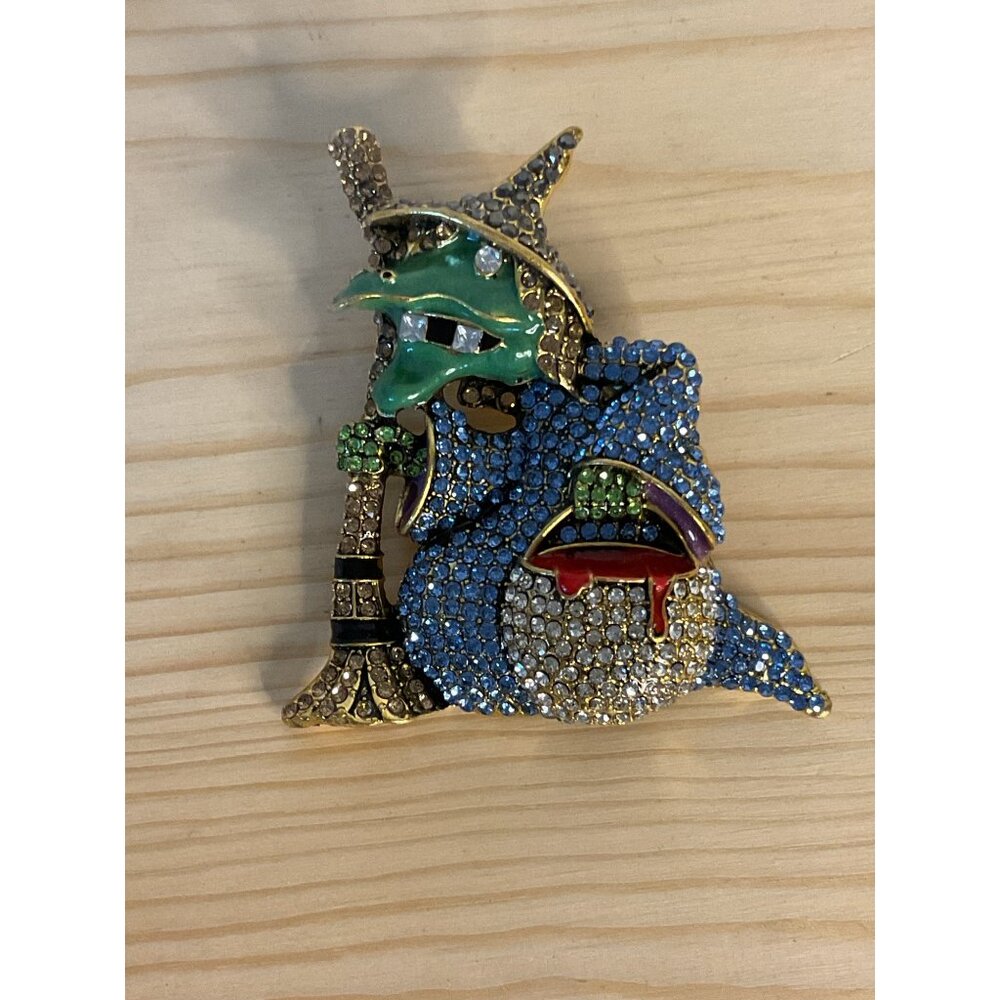 Vintage Crystal Encrusted Witch Brooch Fun Halloween Jewelry Colorful Rhinestone